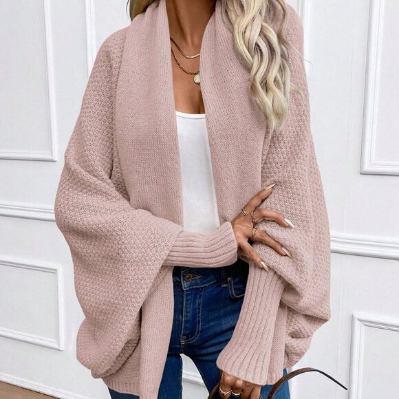 Sweaters - Pink Casual Women's Solid Color Batwing Sleeve Long Sleeve Cardigan